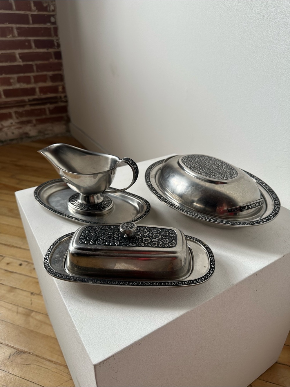 Vintage Silver-Tone Butter Dish & Gravy Boat & tray